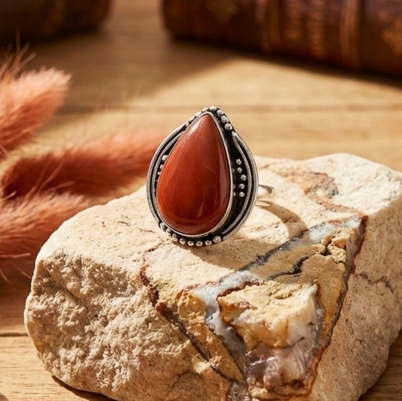 Sterling Silver Red Moss Agate Artisan Statement Ring Boho Teardrop Size 7.75 - Picture 10 of 12
